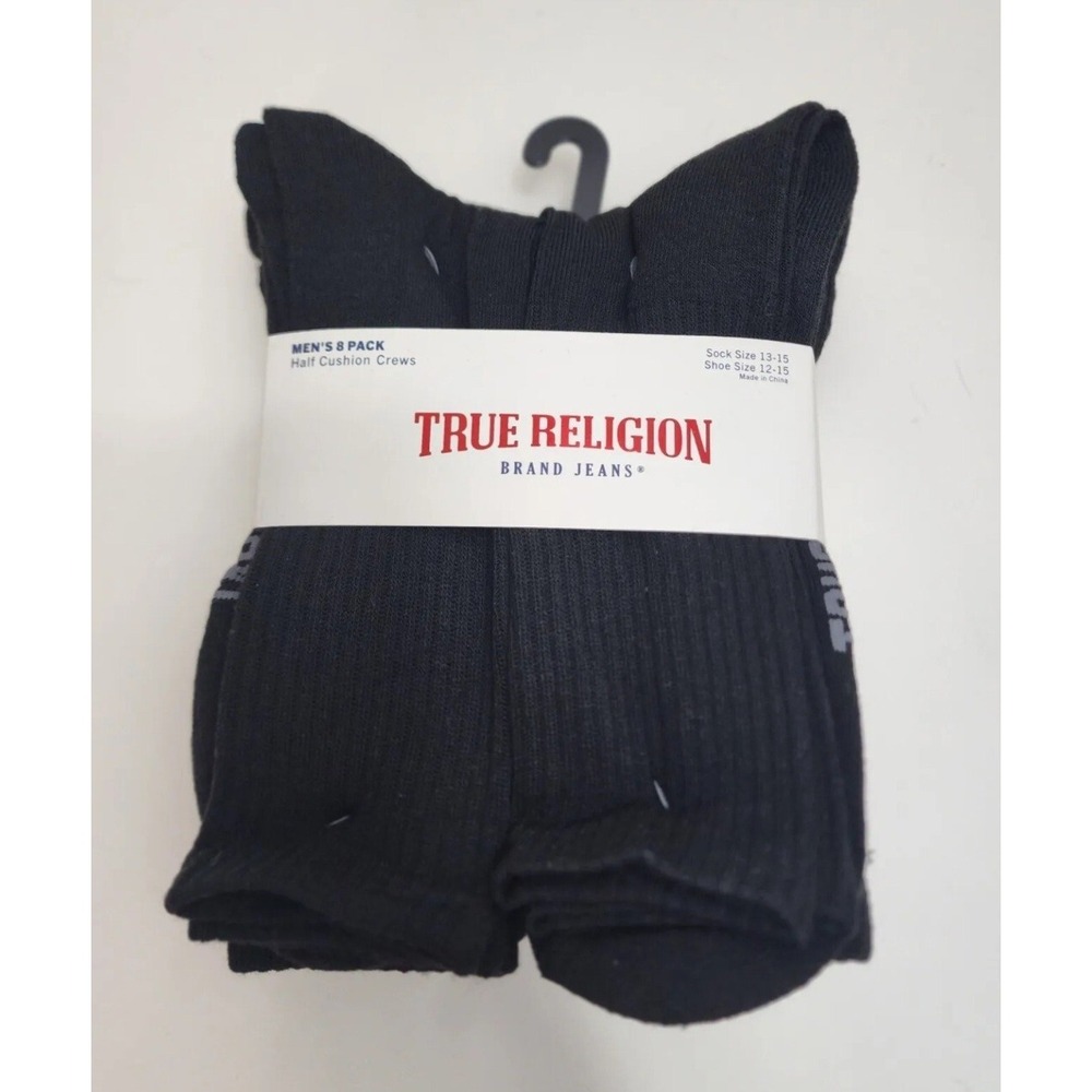 True Religion Mens 8 Pack Black Half Cushion Crew Socks Shoe Sz 12-15